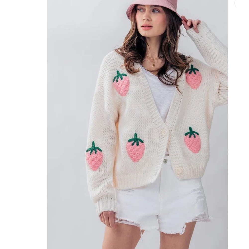 Anthropologie Cream Cardigan with Pink Strawberry Design